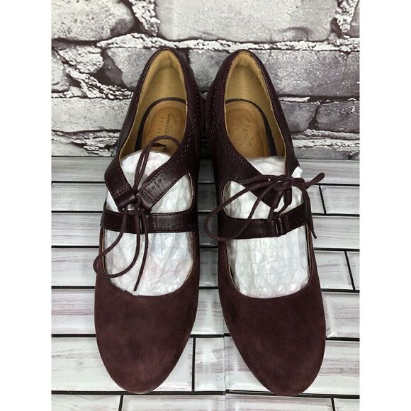 Clarks Artisan Purple Suede Leather Lace Up MaryJane Heels Women’s Sz 9M US/40EU - Picture 2 of 16